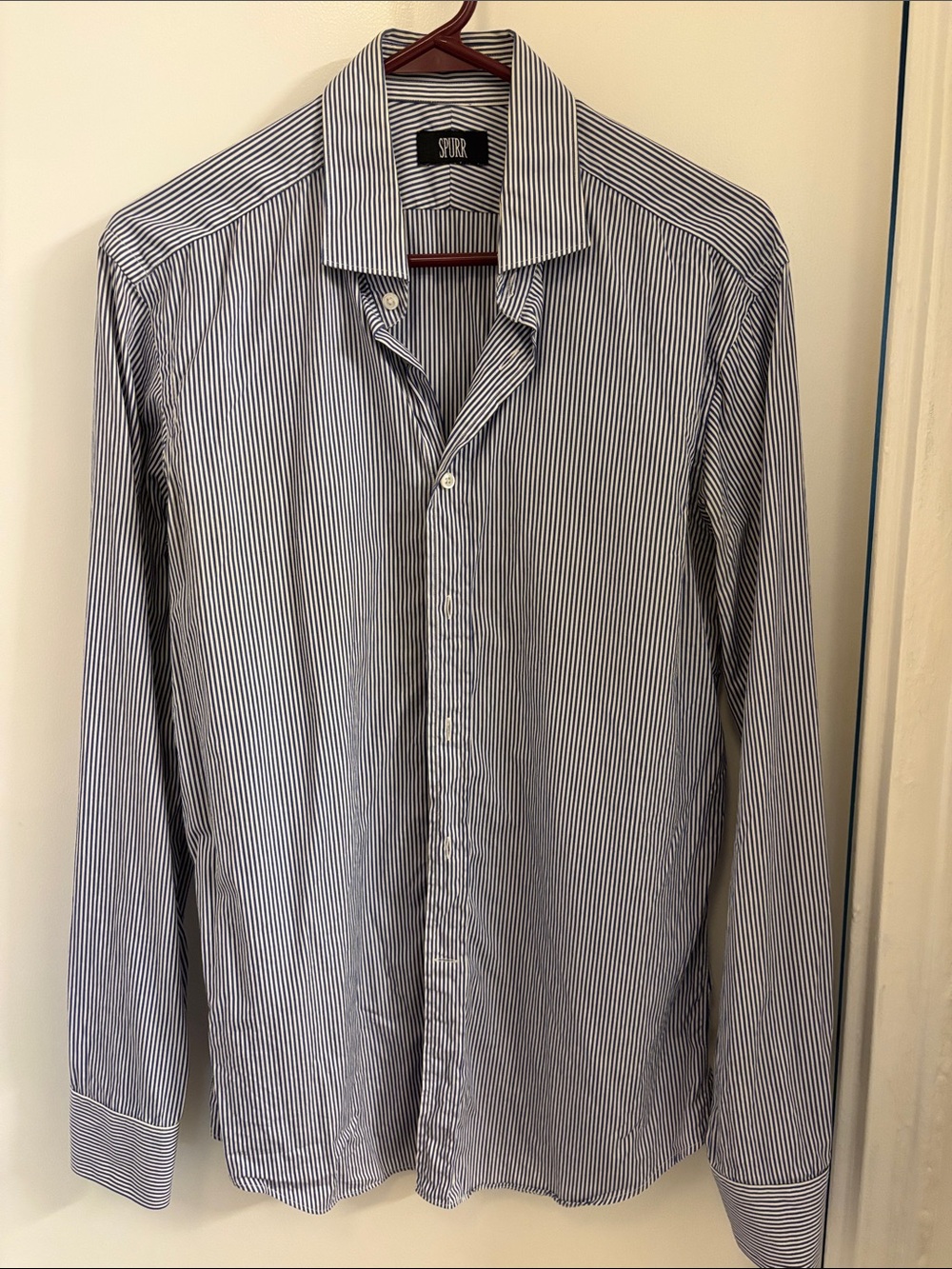 SPURR Men’s Blue and White Pinstripe Dress Shirt